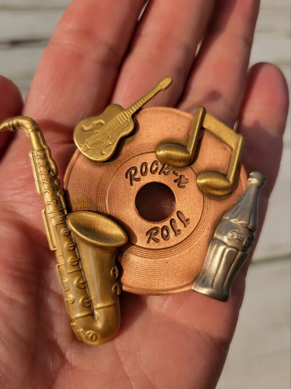 Rock 'n' Roll Mixed Metal Brooch ~ Instruments ~ Coca-Cola ~ Retro Look